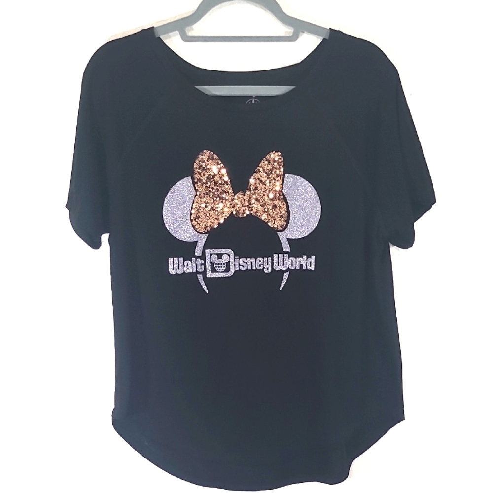 DISNEY PARKS Rose Gold Sequined Bow w/Sparkly Silver Ears Black Tee, size Large - Picture 2 of 5